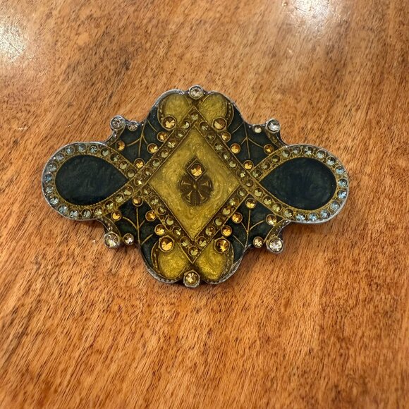Vintage Victorian Style Faux Rhinestone Brooch Pin Yellow Green Gold Black - Picture 1 of 7